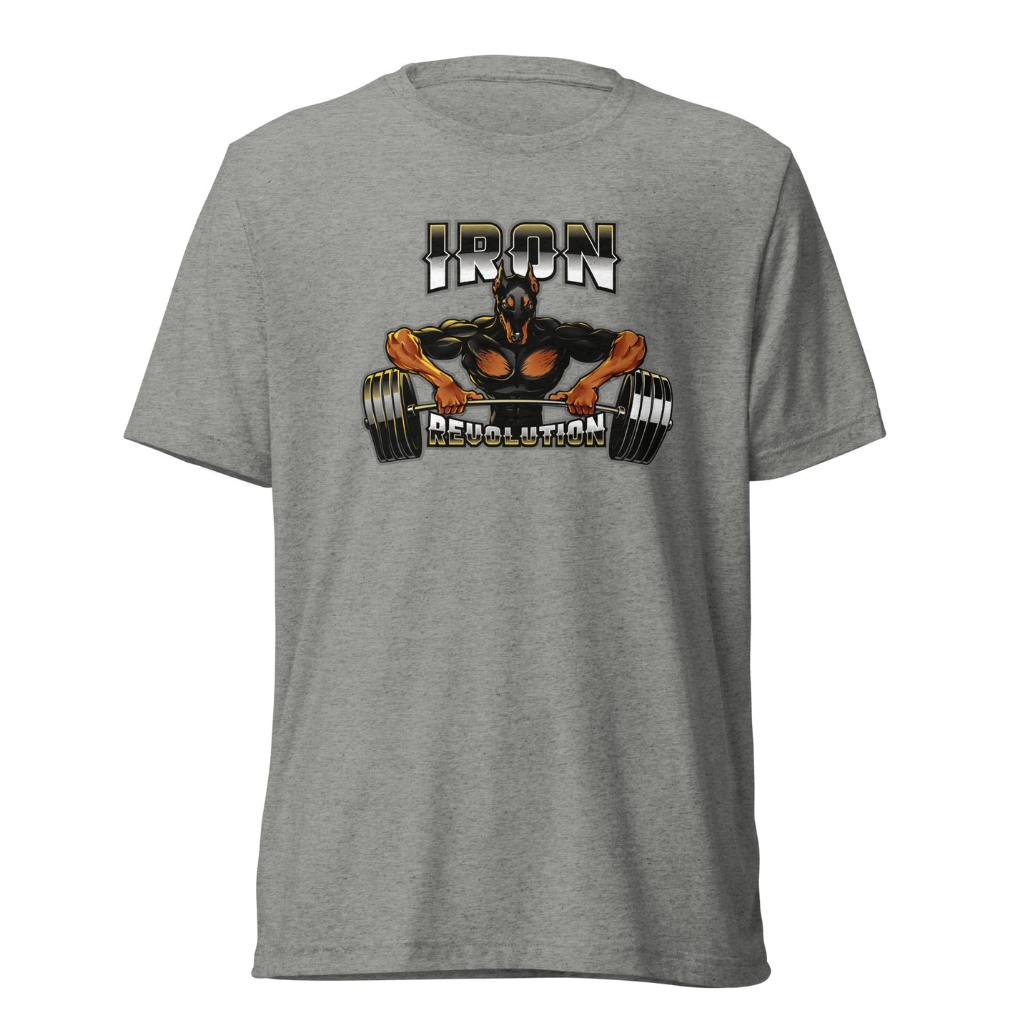 Iron Revolution Tri-Blend Unisex Dumbbell T-Shirt with Back Black Logo
