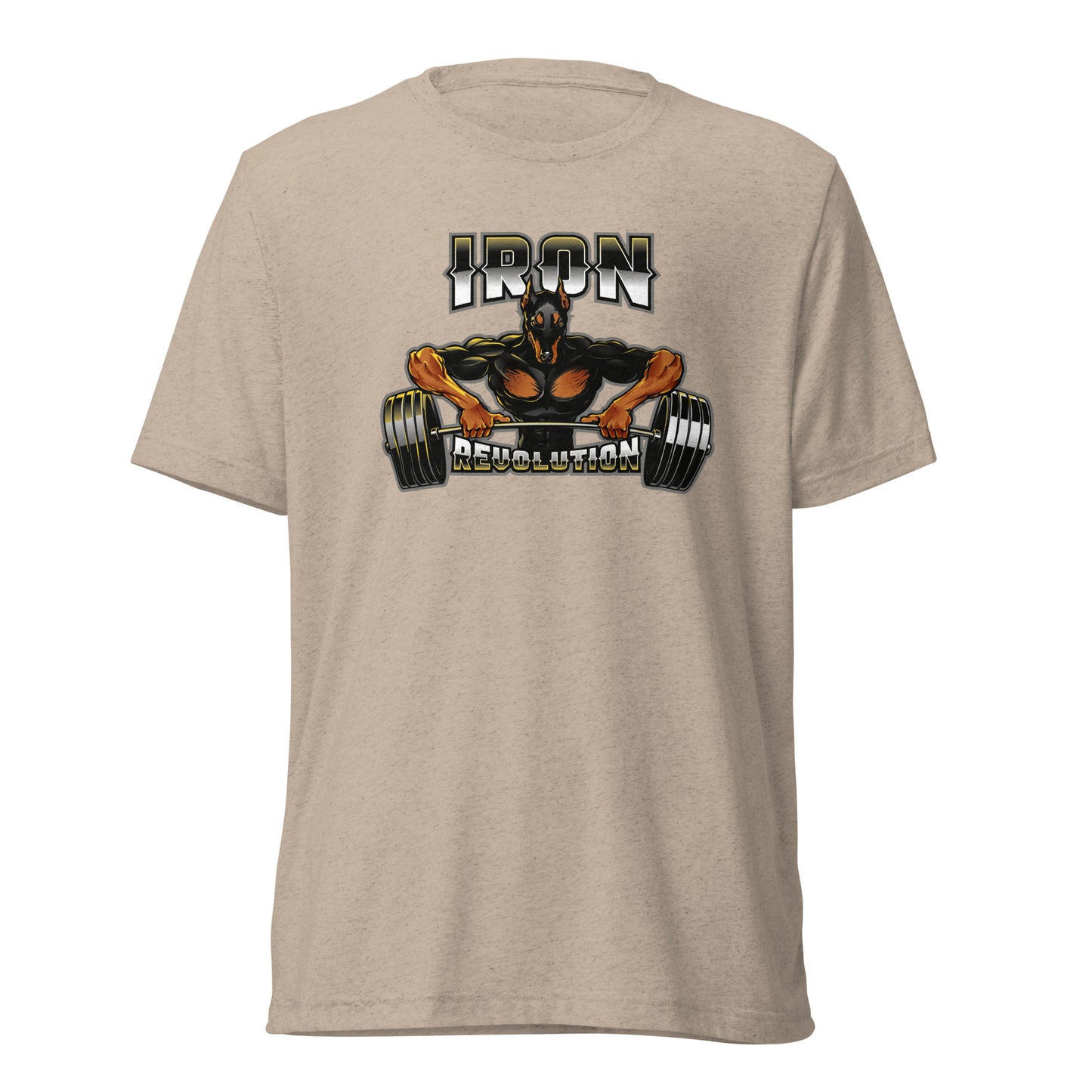 Iron Revolution Tri-Blend Unisex Dumbbell T-Shirt with Back Black Logo