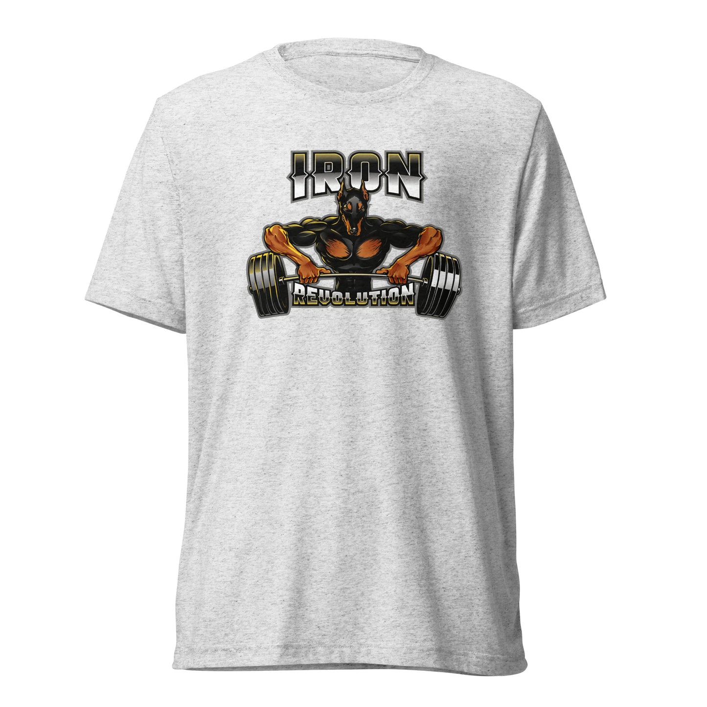 Iron Revolution Tri-Blend Unisex Dumbbell T-Shirt with Back Black Logo