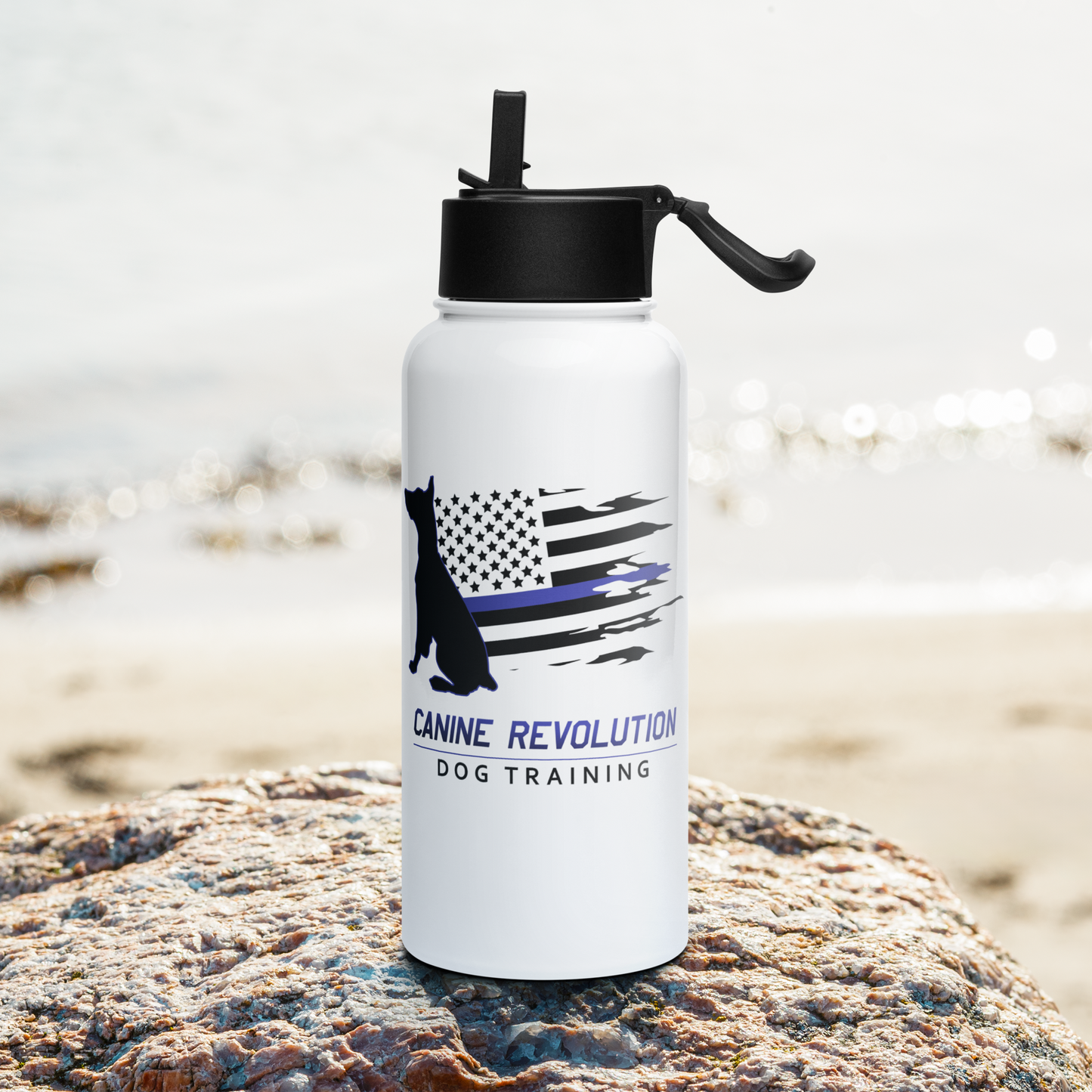 Canine Revolution Dog Training Thin Blue Line Police Support Stainless Steel Water Bottle with Straw Lid