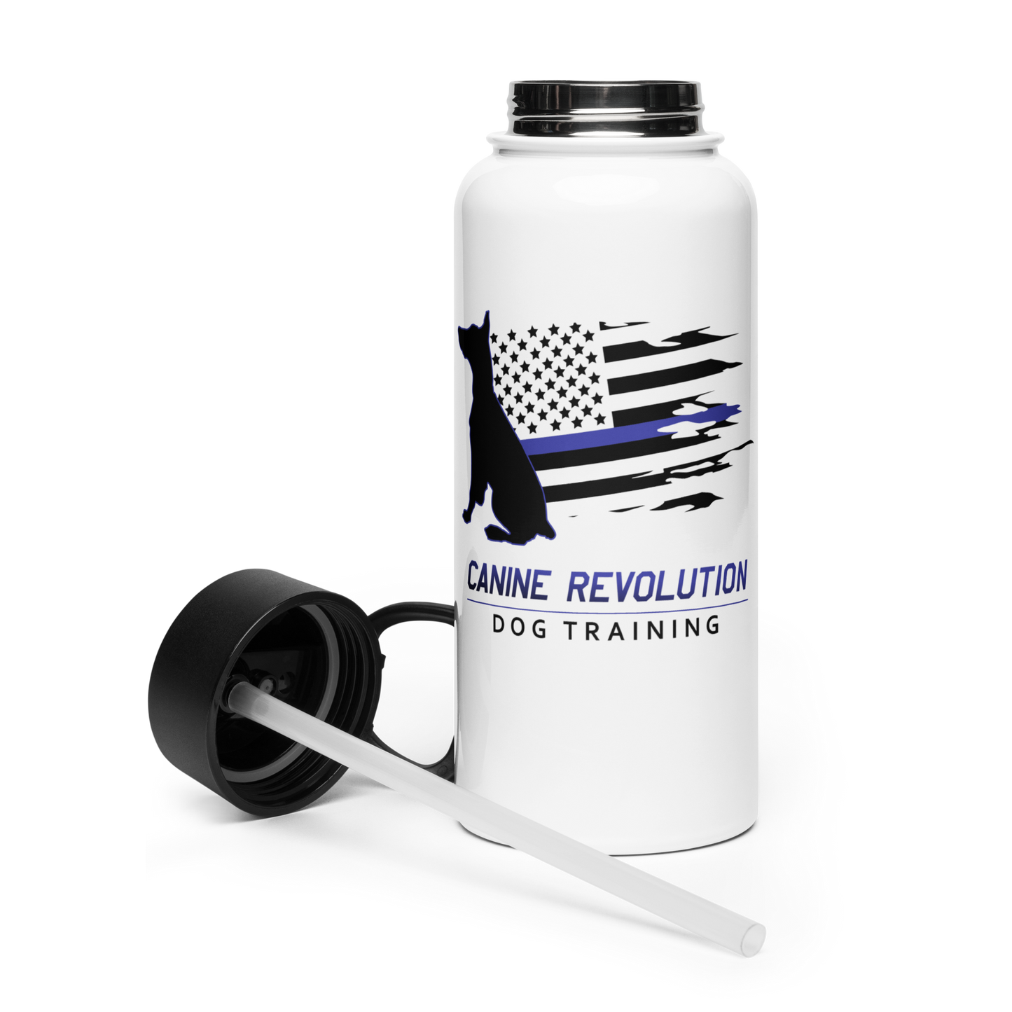 Canine Revolution Dog Training Thin Blue Line Police Support Stainless Steel Water Bottle with Straw Lid