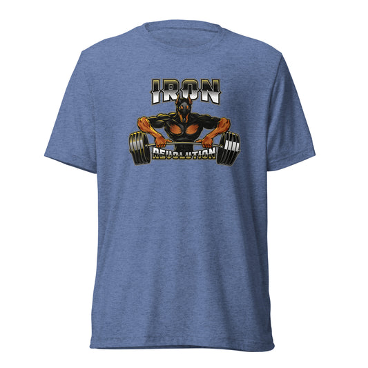 Iron Revolution Tri-Blend Unisex Dumbbell T-Shirt with Back White Logo