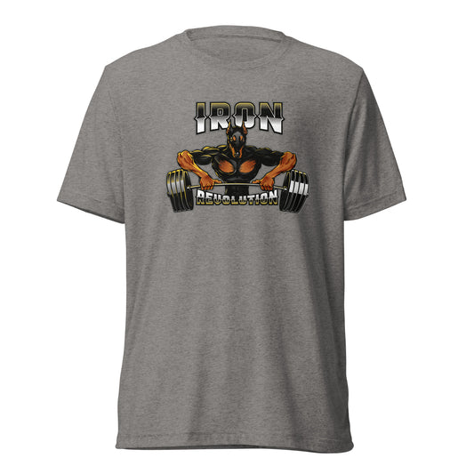 Iron Revolution Tri-Blend Unisex Dumbbell T-Shirt with Back White Logo