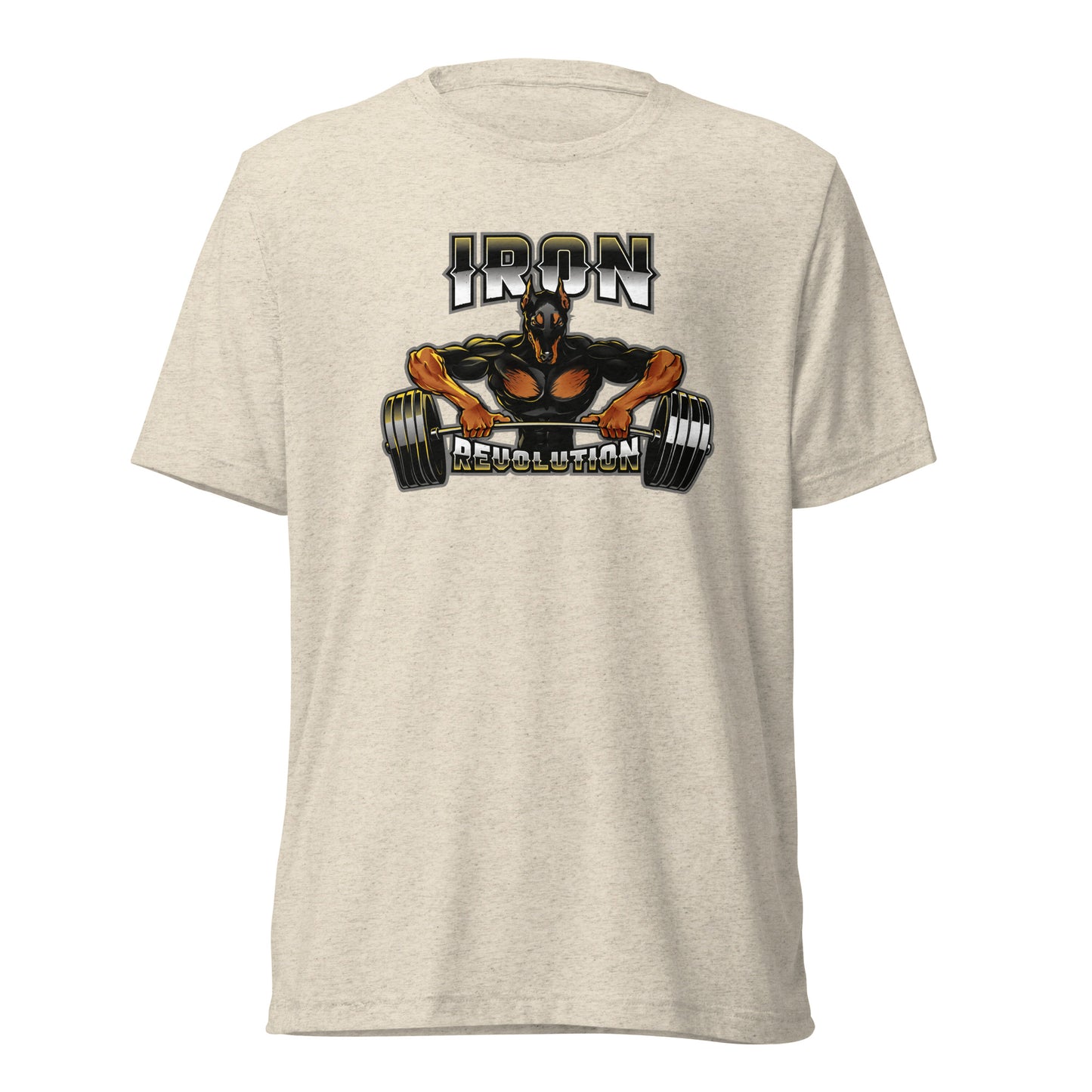 Iron Revolution Tri-Blend Unisex Dumbbell T-Shirt with Back Black Logo
