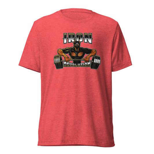 Iron Revolution Tri-Blend Unisex Dumbbell T-Shirt with Back Black Logo