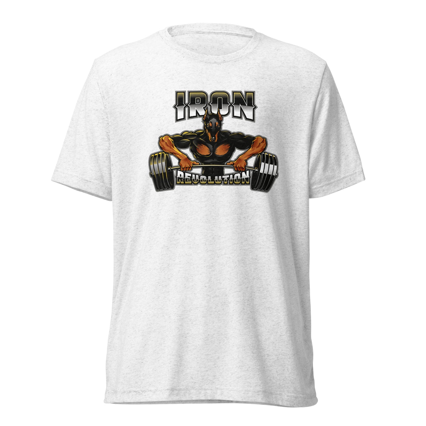 Iron Revolution Tri-Blend Unisex Dumbbell T-Shirt with Back Black Logo