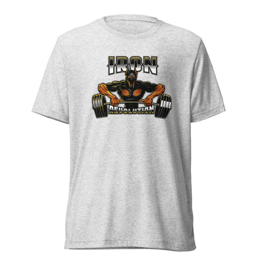 Iron Revolution Tri-Blend Unisex Dumbbell T-Shirt with Back Black Logo